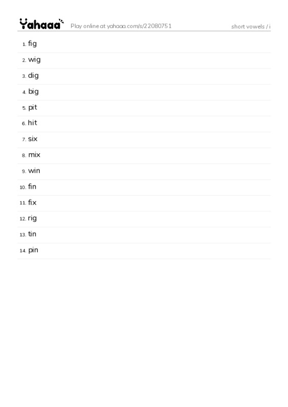 Word list with meanings worksheet for short vowels / i