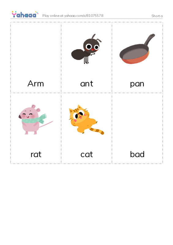 Picture flashcards worksheet for Short a