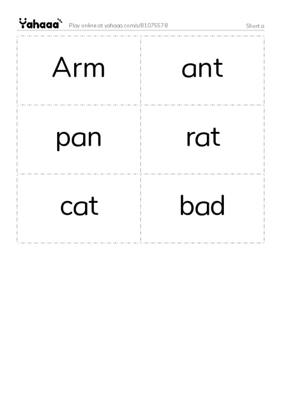 Word flashcards worksheet for Short a