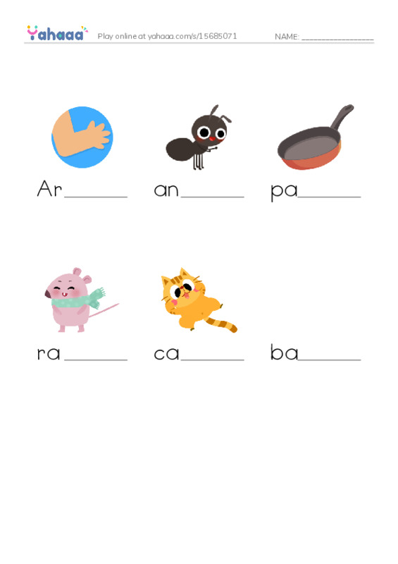 Finish the word worksheet for Short a