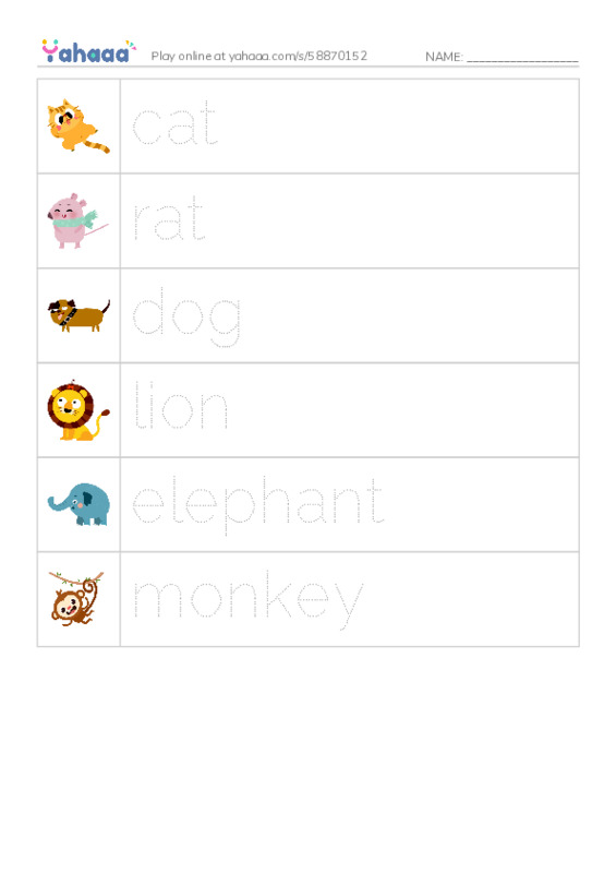 Picture and word rows worksheet for animals