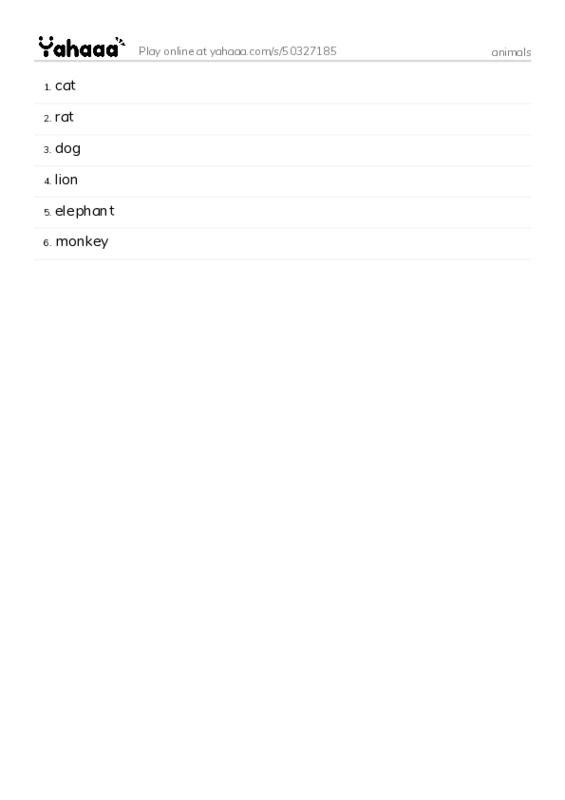 Word list with meanings worksheet for animals