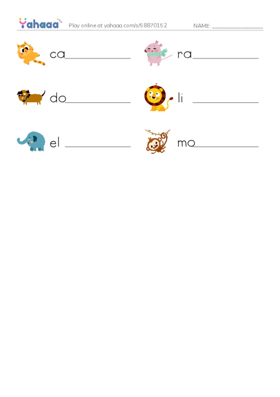 Write the word rows worksheet for animals