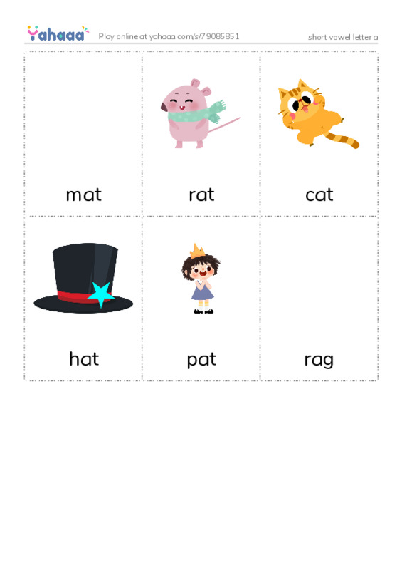 Picture flashcards worksheet for short vowel letter a
