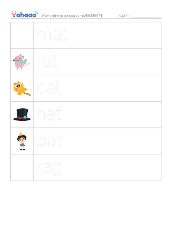 Picture and word rows worksheet for short vowel letter a
