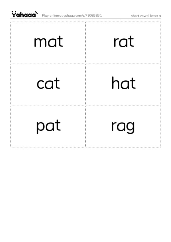 Word flashcards worksheet for short vowel letter a