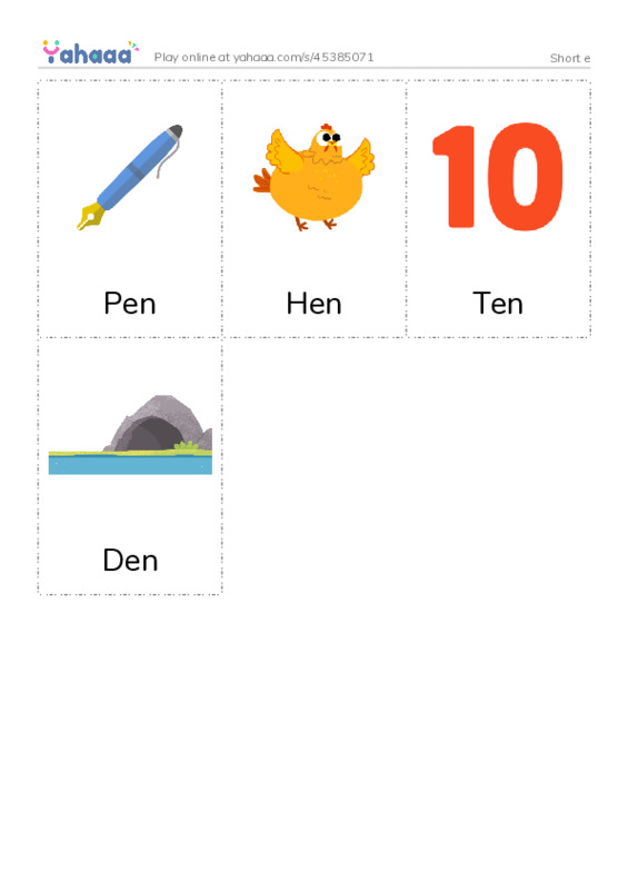 Picture flashcards worksheet for Short e