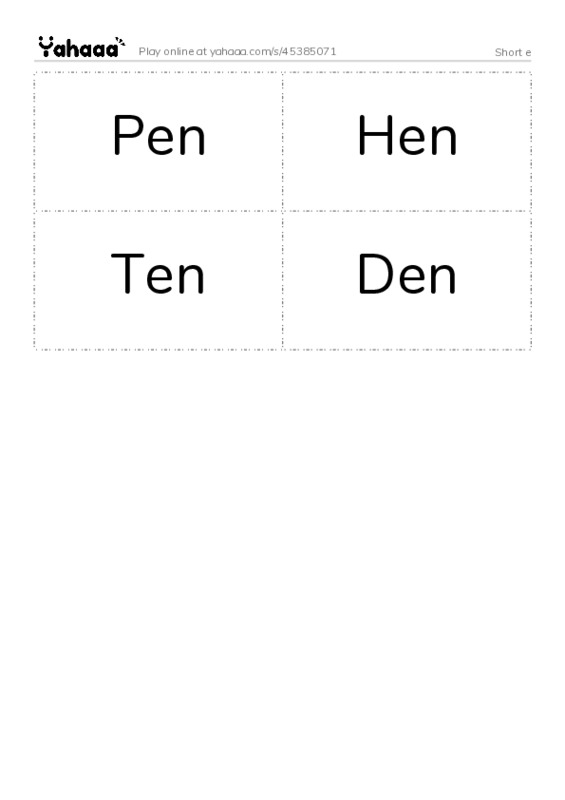 Word flashcards worksheet for Short e