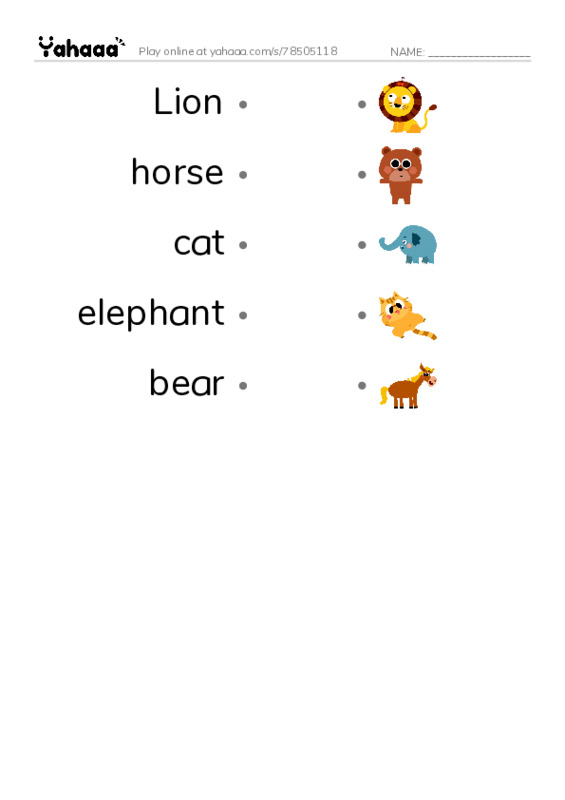 Draw a line to match worksheet for Animals