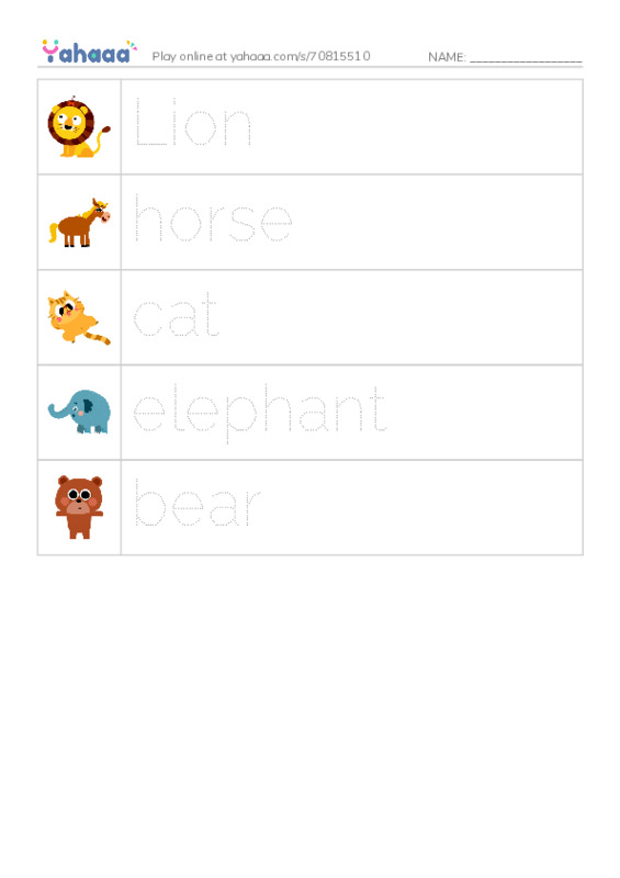 Picture and word rows worksheet for Animals