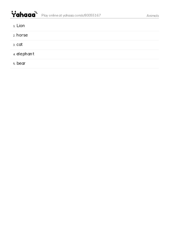 Word list with meanings worksheet for Animals