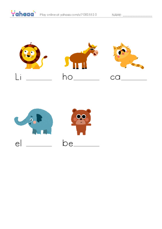 Finish the word worksheet for Animals