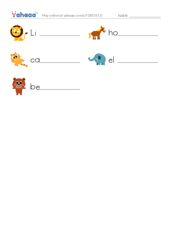 Write the word rows worksheet for Animals