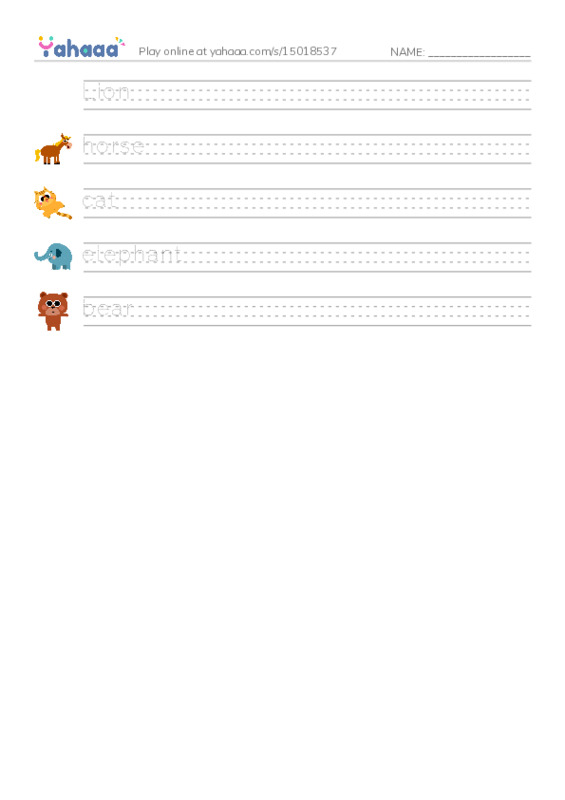 Handwriting lines worksheet for Animals
