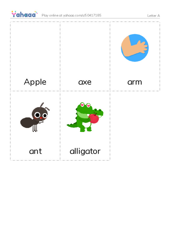 Picture flashcards worksheet for Letter A