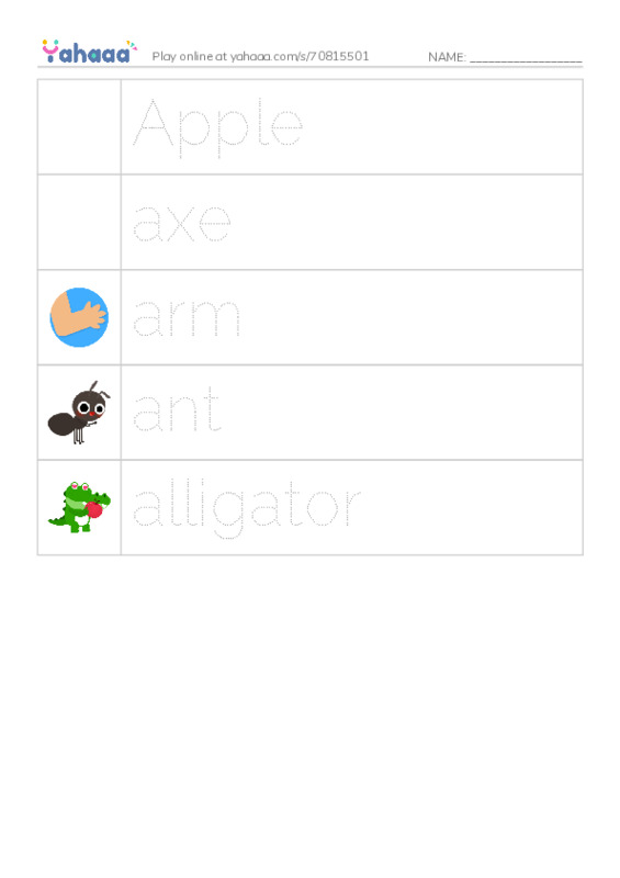 Picture and word rows worksheet for Letter A