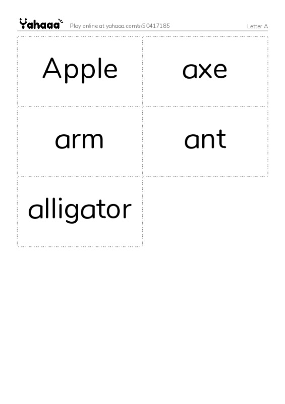 Word flashcards worksheet for Letter A