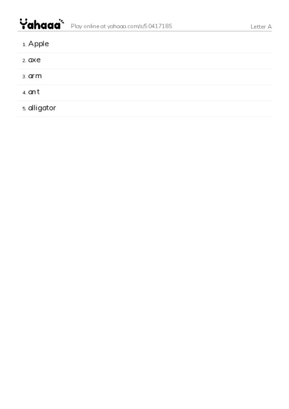 Word list with meanings worksheet for Letter A