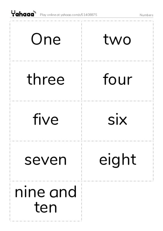 Word flashcards worksheet for Numbers