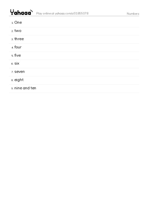 Word list with meanings worksheet for Numbers