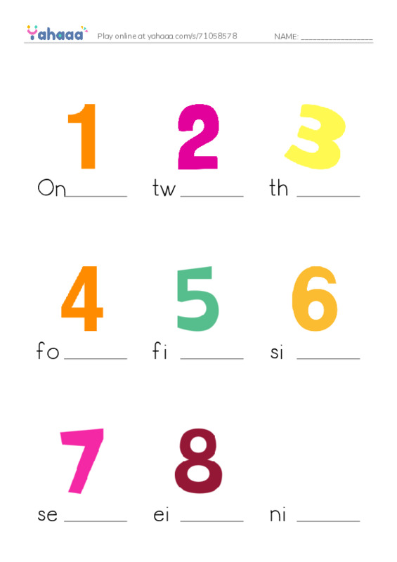 Finish the word worksheet for Numbers