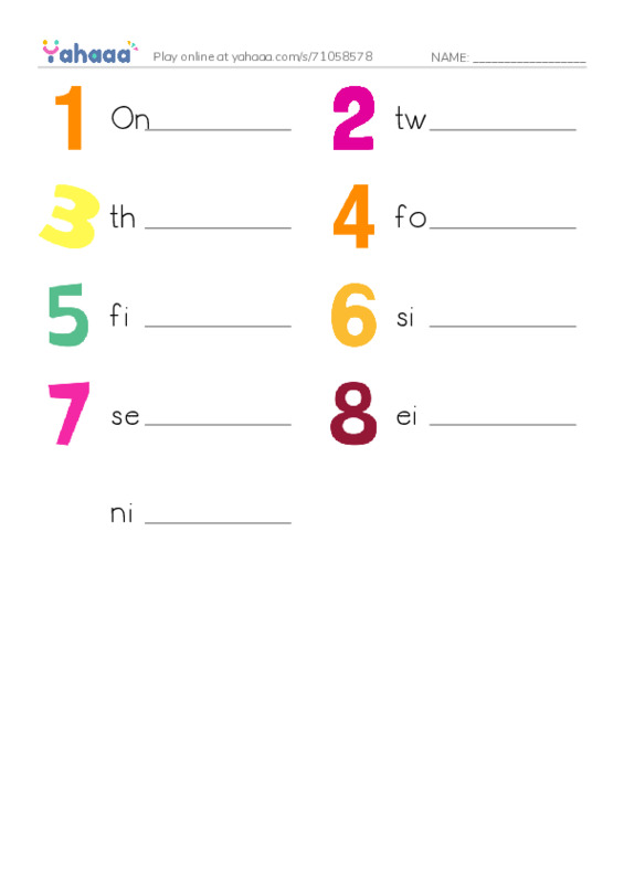 Write the word rows worksheet for Numbers