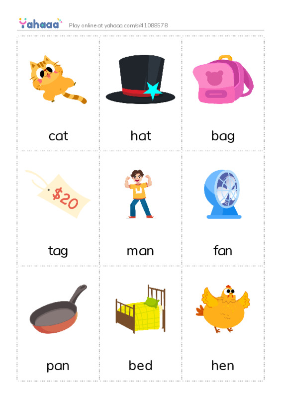 Picture flashcards worksheet for cat, hat, bag and 24 more