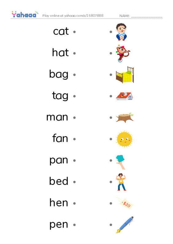 Draw a line to match worksheet for cat, hat, bag and 24 more