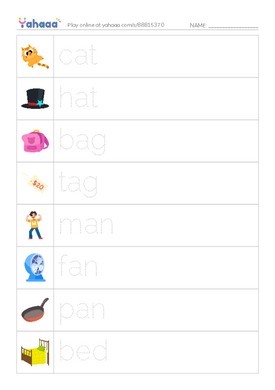 Picture and word rows worksheet for cat, hat, bag and 24 more