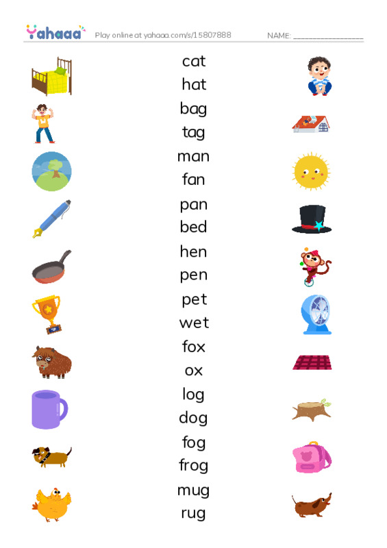 Match both sides worksheet for cat, hat, bag and 24 more