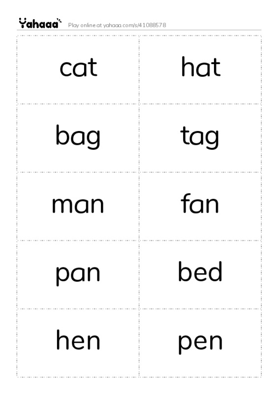 Word flashcards worksheet for cat, hat, bag and 24 more