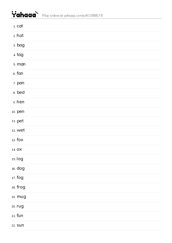 Word list with meanings worksheet for cat, hat, bag and 24 more
