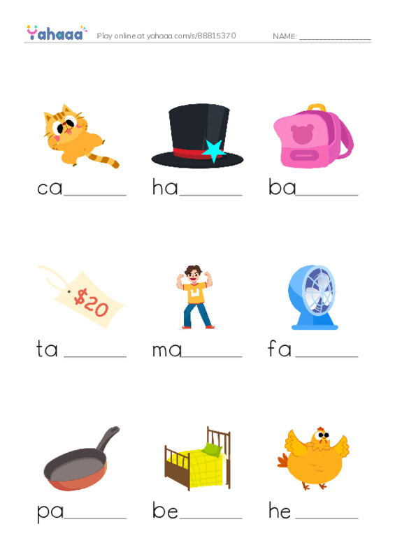 Finish the word worksheet for cat, hat, bag and 24 more