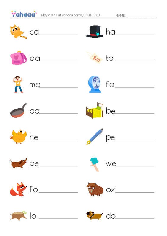 Write the word rows worksheet for cat, hat, bag and 24 more