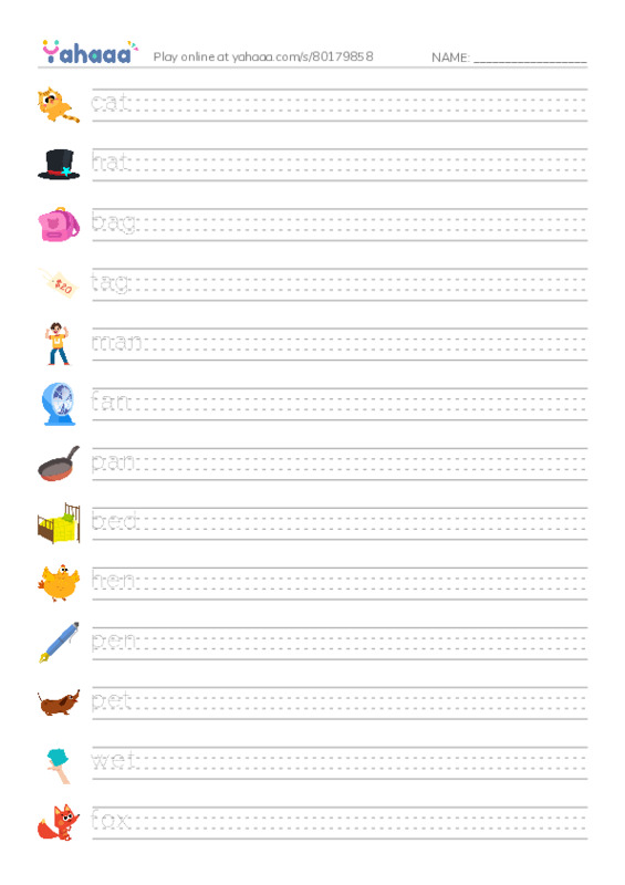 Handwriting lines worksheet for cat, hat, bag and 24 more