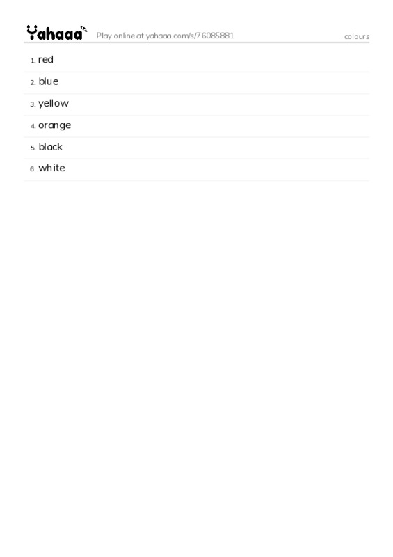 Word list with meanings worksheet for colours
