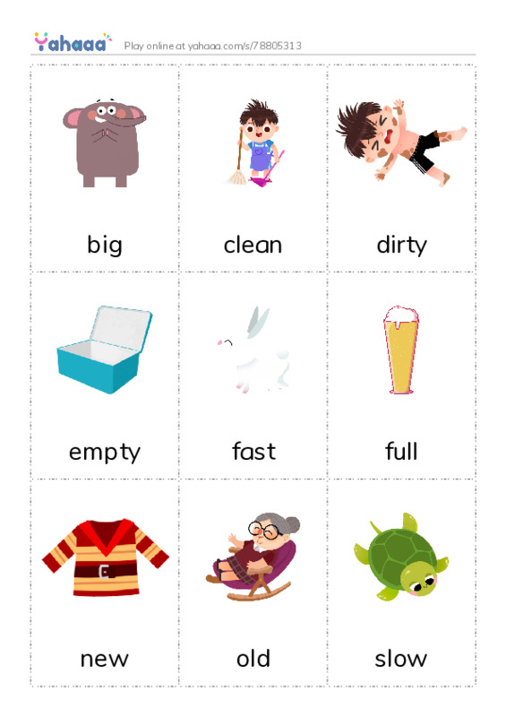 Picture flashcards worksheet for big, clean, dirty and 29 more
