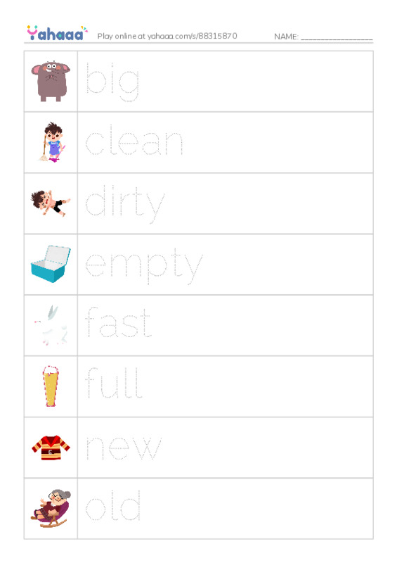 Picture and word rows worksheet for big, clean, dirty and 29 more
