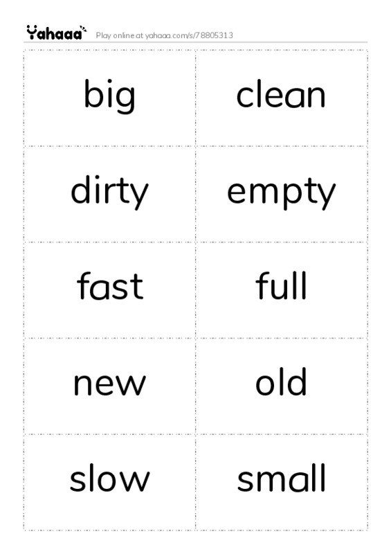 Word flashcards worksheet for big, clean, dirty and 29 more