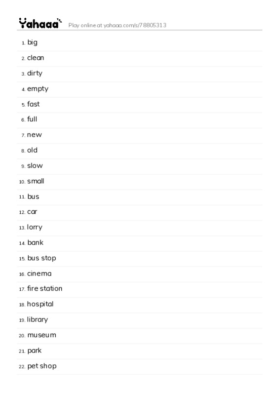 Word list with meanings worksheet for big, clean, dirty and 29 more