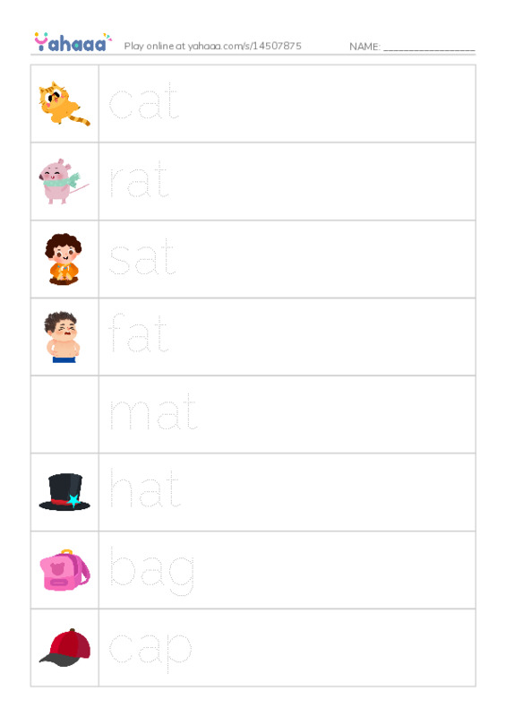Picture and word rows worksheet for Short Vowel a