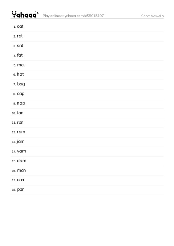 Word list with meanings worksheet for Short Vowel a