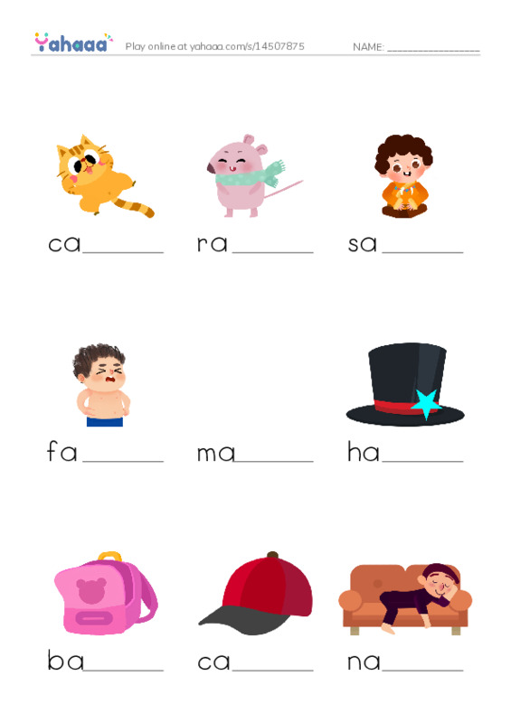 Finish the word worksheet for Short Vowel a
