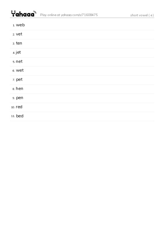 Word list with meanings worksheet for short vowel ( e )
