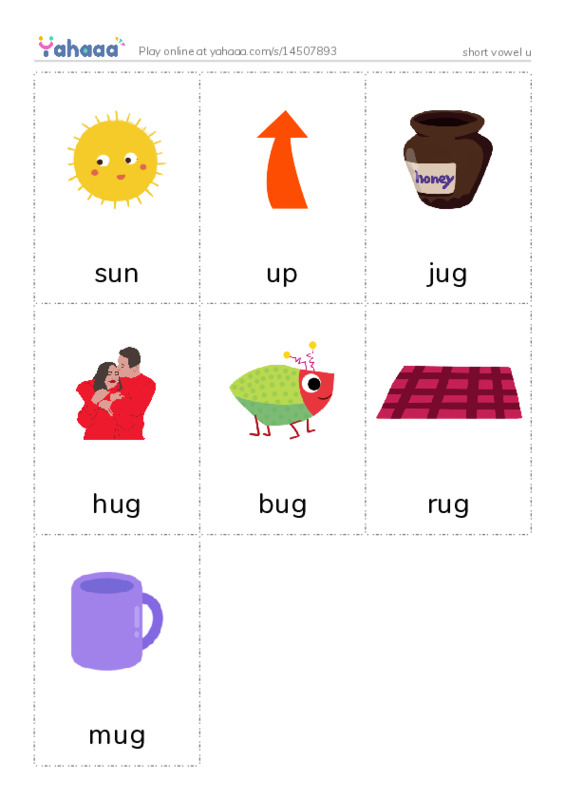Picture flashcards worksheet for short vowel u