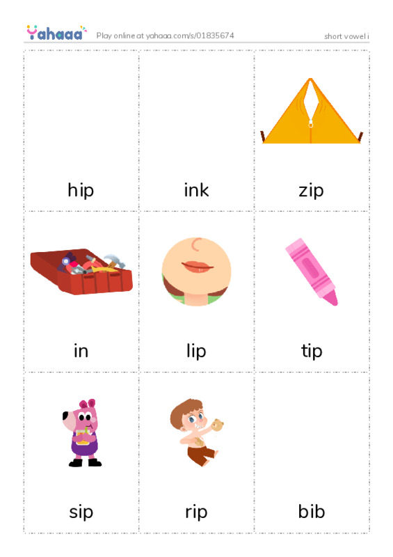 Picture flashcards worksheet for short vowel i
