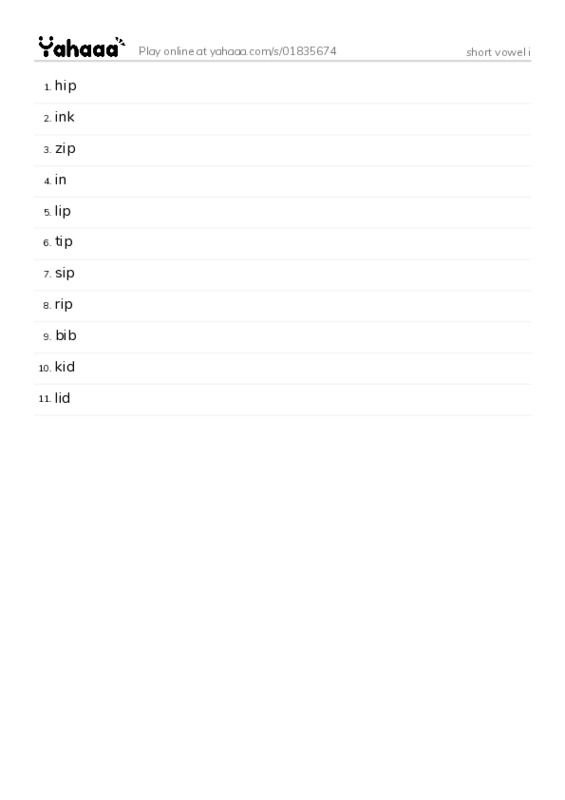 Word list with meanings worksheet for short vowel i