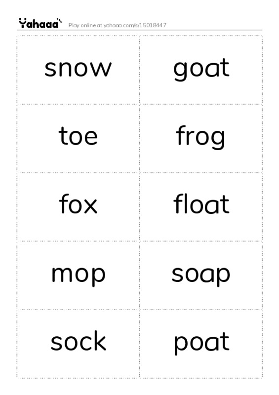 Word flashcards worksheet for snow, goat, toe and 16 more