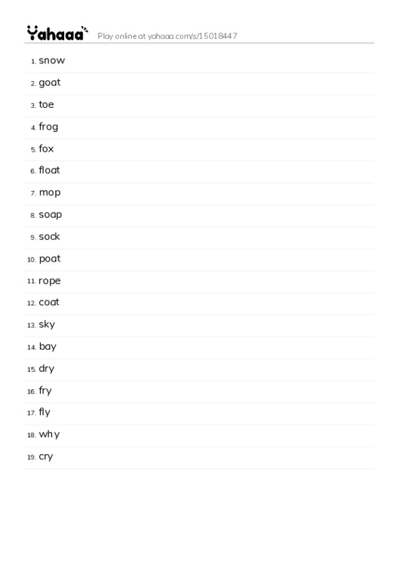 Word list with meanings worksheet for snow, goat, toe and 16 more