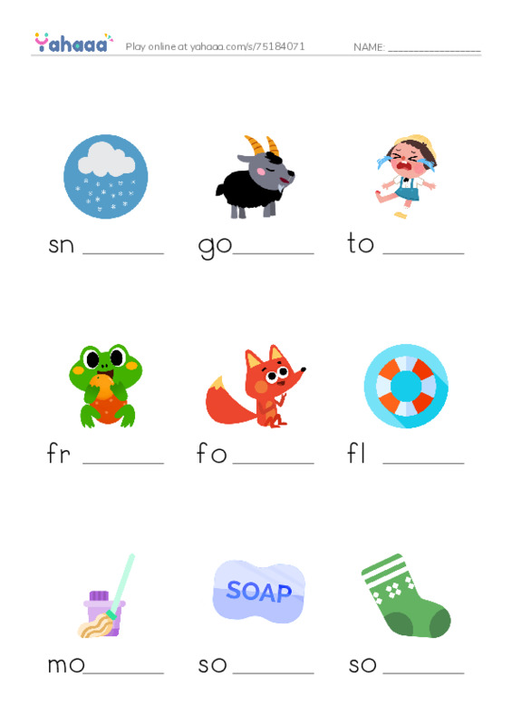 Finish the word worksheet for snow, goat, toe and 16 more